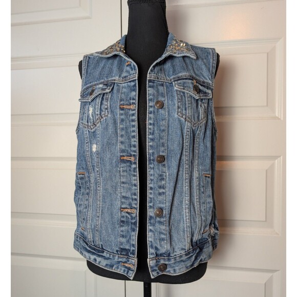 Abercrombie & Fitch Size L Denim Vest Custom "Girl Power" Sequins Distressed - Picture 4 of 13